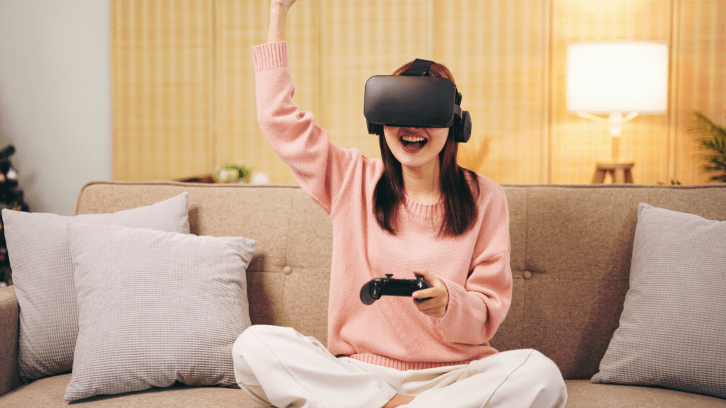 Woman using VR while playing 